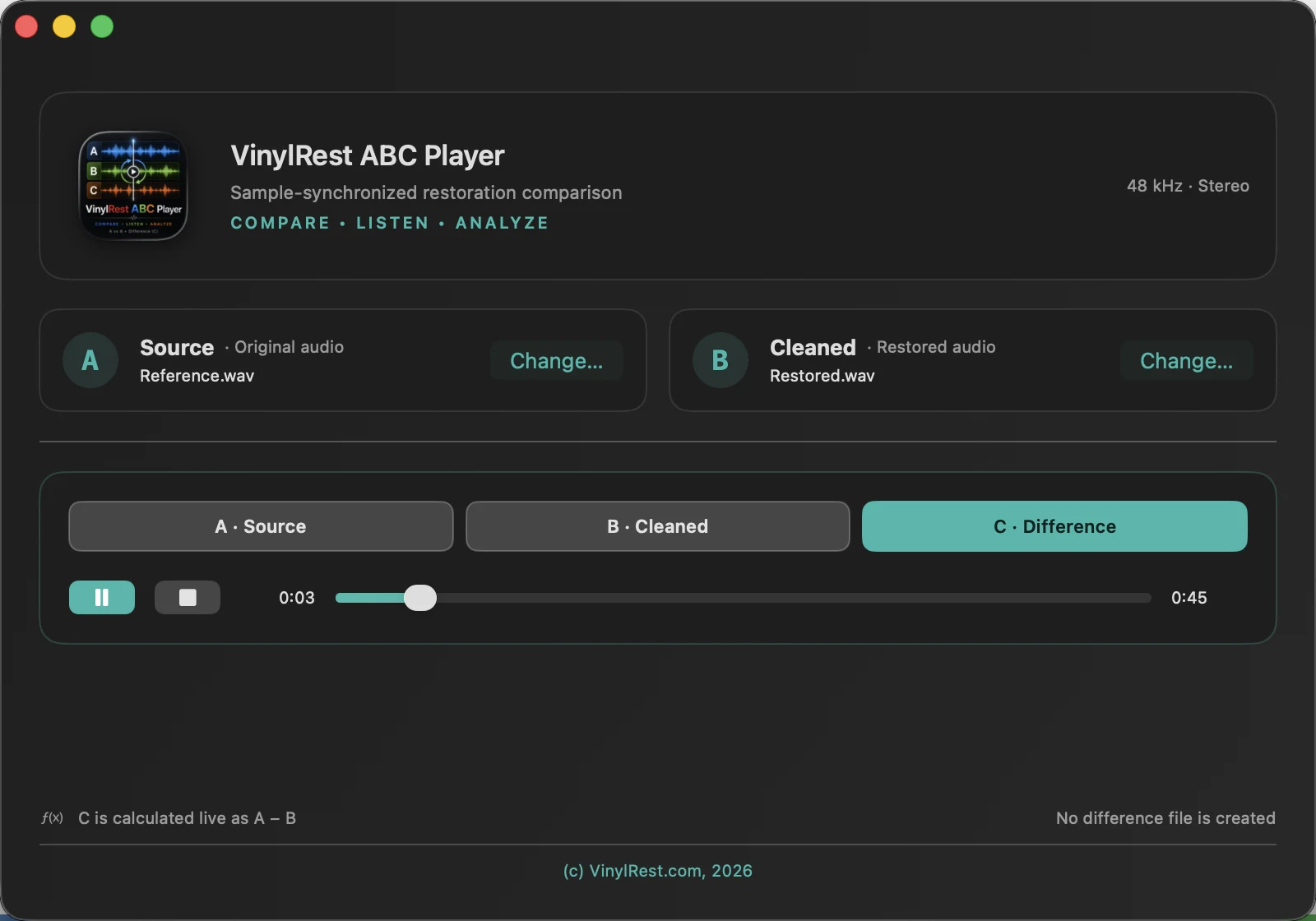 VinylRest ABC Player playing the live Difference between synchronized Source and Cleaned files