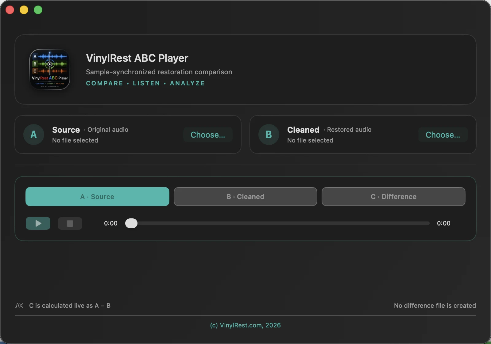 VinylRest ABC Player empty state ready to choose A Source and B Cleaned files