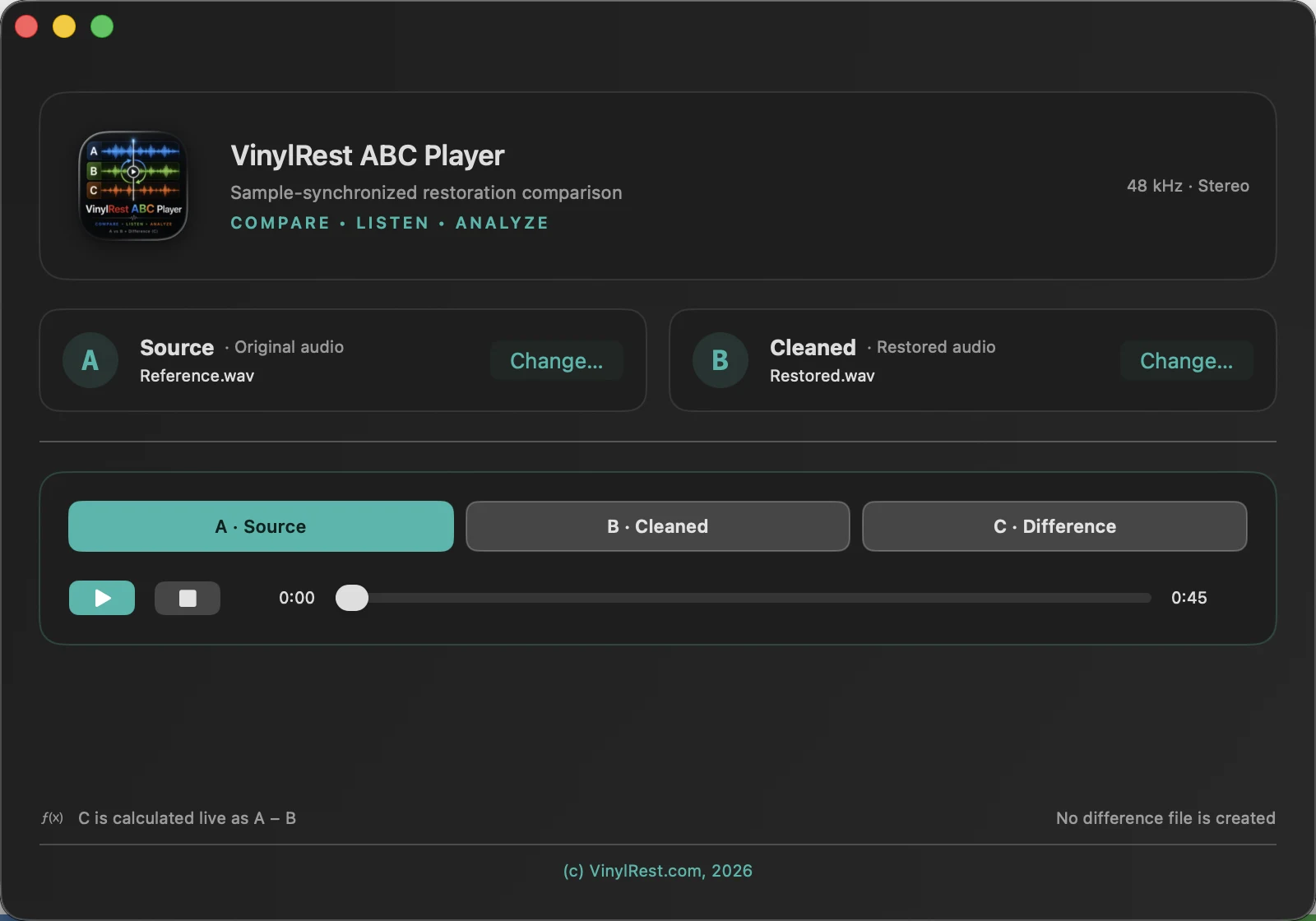 VinylRest ABC Player with matching Reference and Restored files loaded and A Source selected