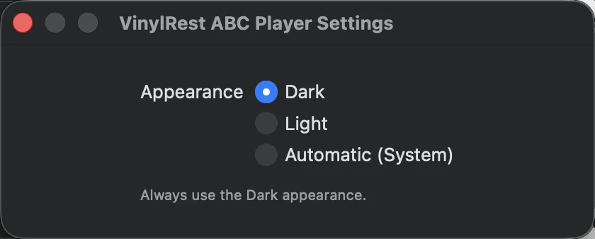 VinylRest ABC Player Appearance settings with Dark, Light and Automatic options
