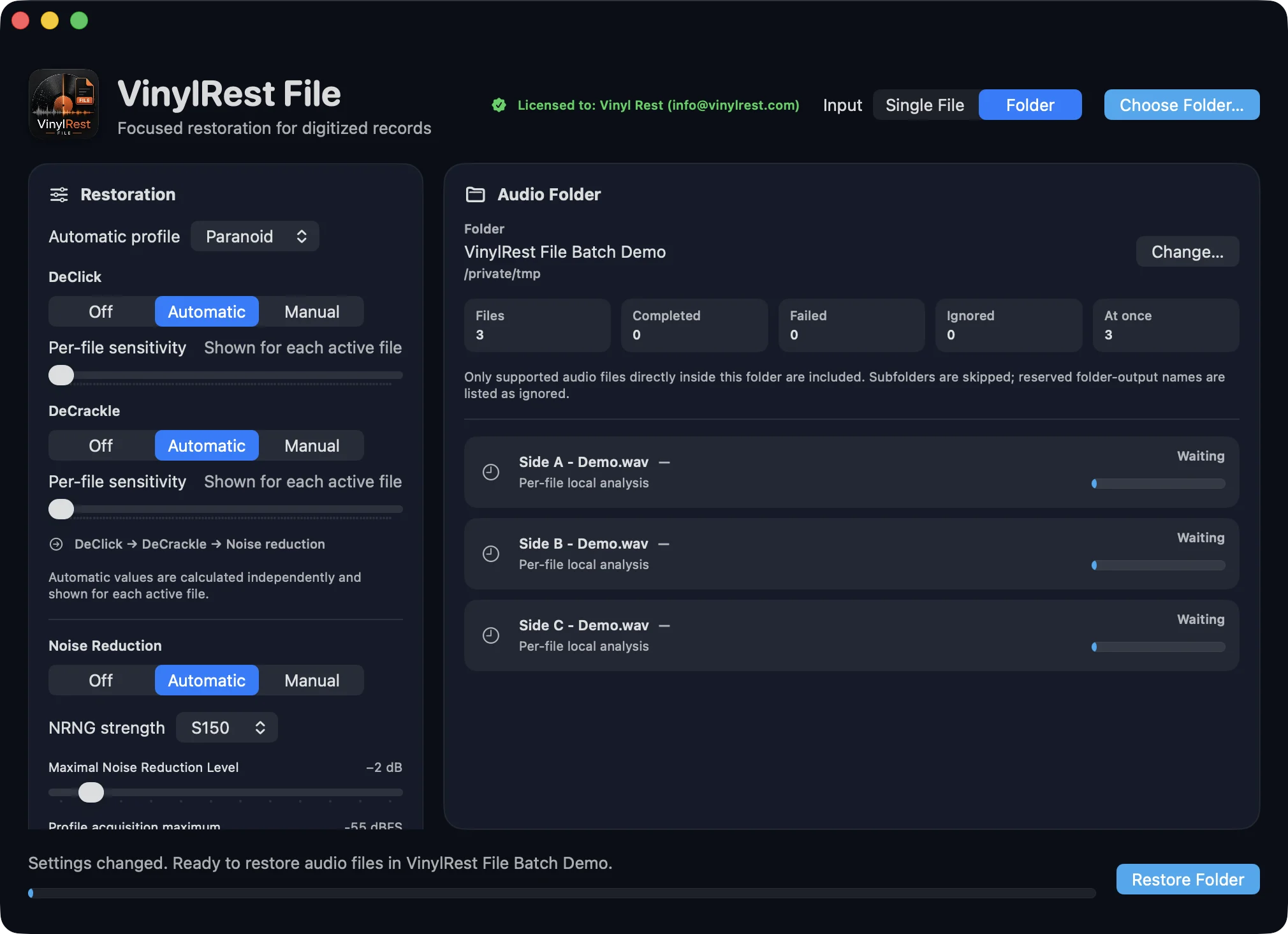 VinylRest File 1.00b1 build 8 Folder mode with three supported files ready in the queue