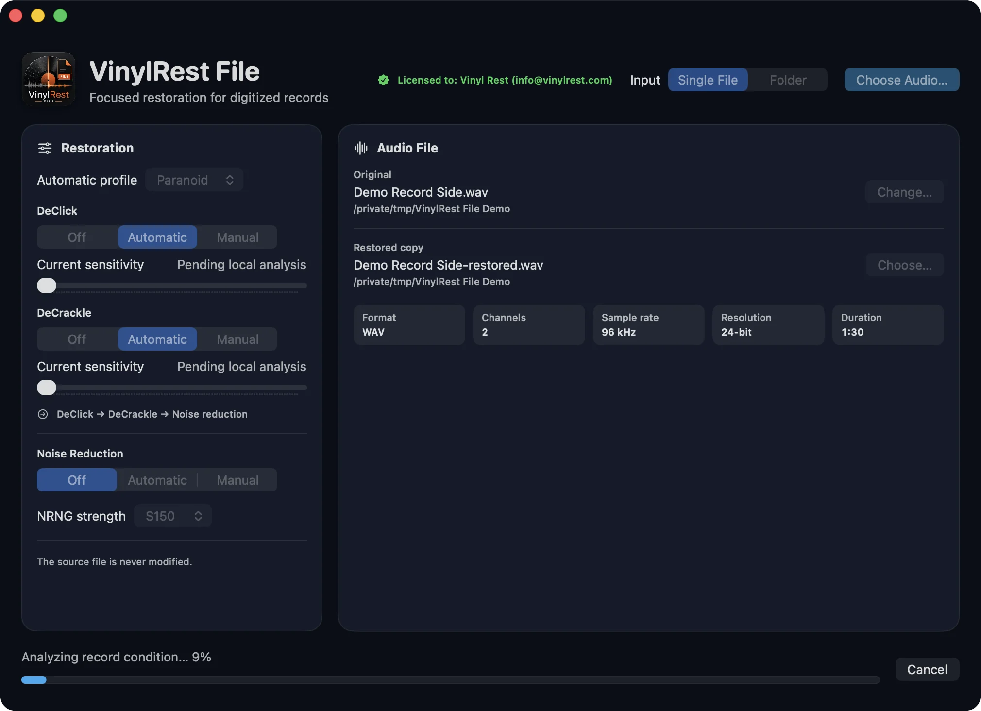 VinylRest File 1.00b1 build 8 analyzing a record side with automatic DeClick and DeCrackle