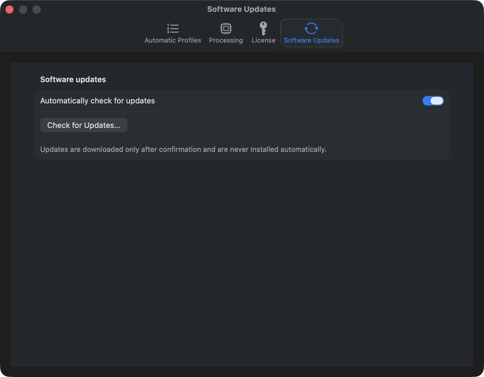 VinylRest File Software Updates settings with automatic checks enabled and a Check for Updates button