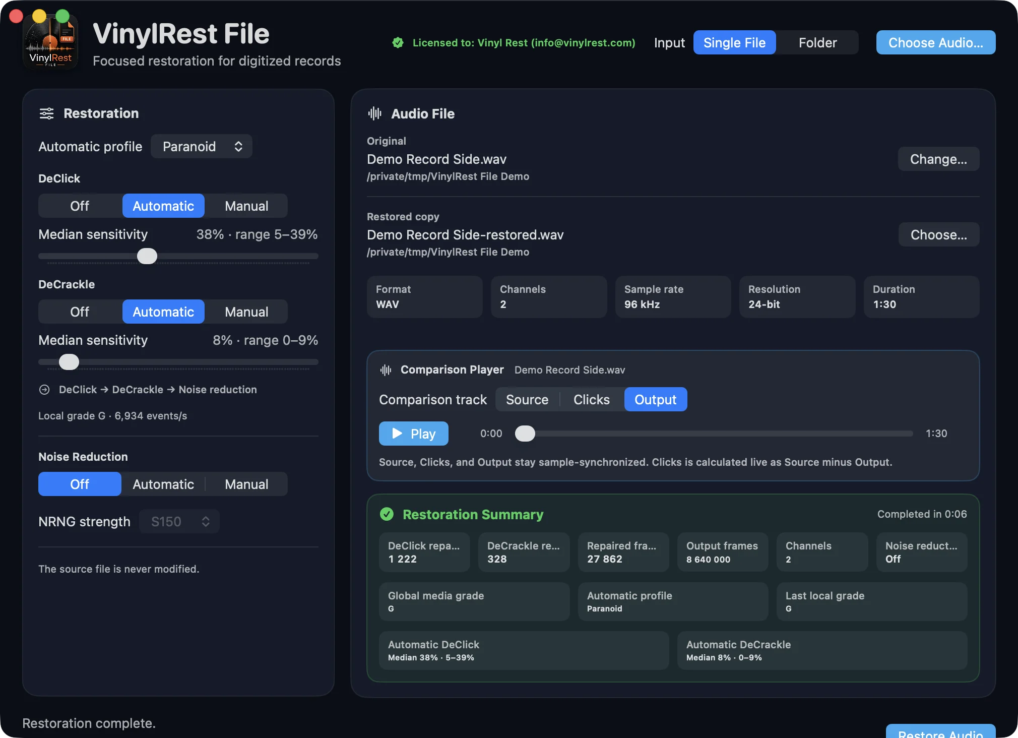 VinylRest File 1.00b1 build 8 after processing with Output selected in the synchronized Source, Clicks and Output player and a detailed restoration summary