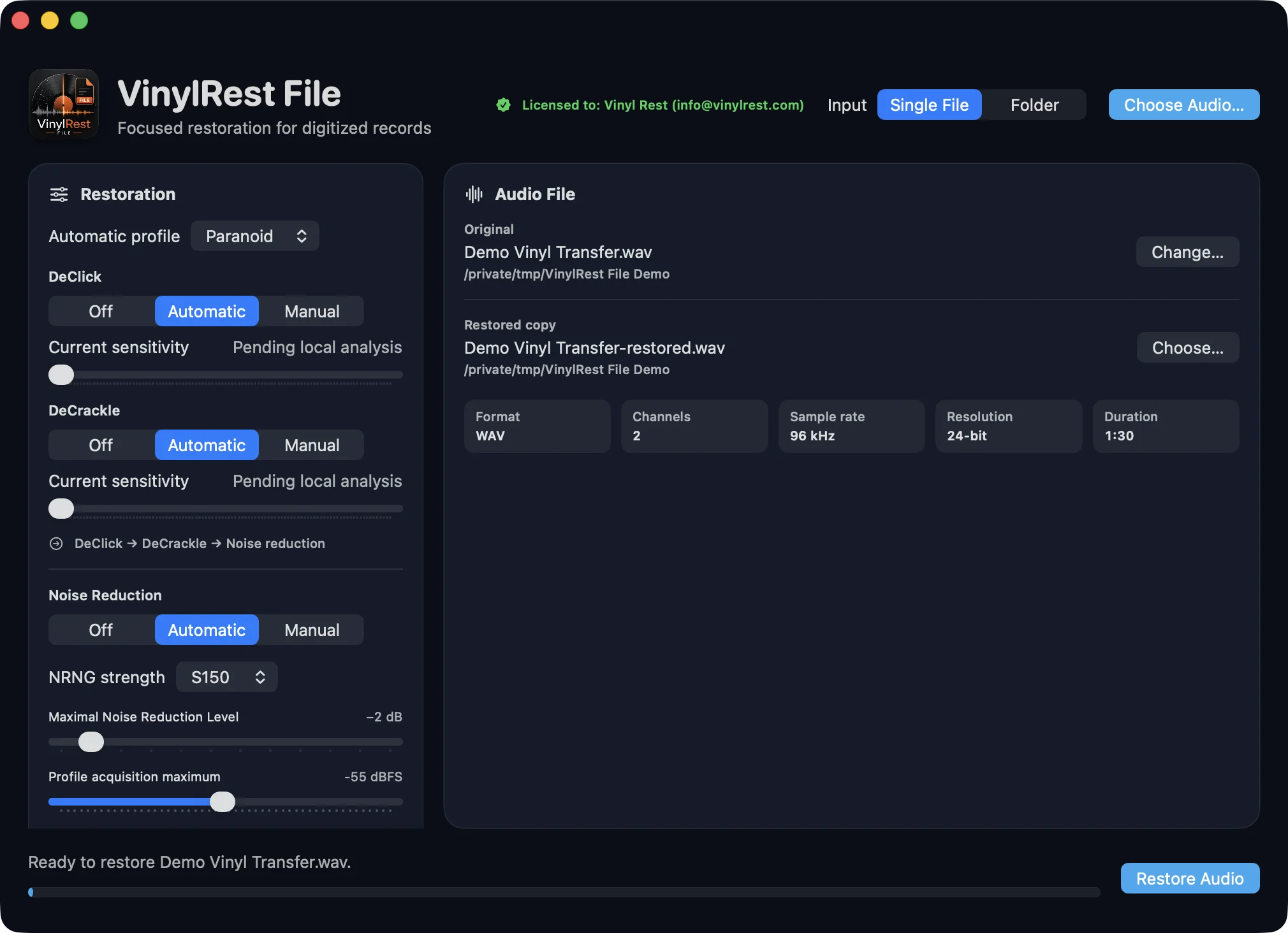 VinylRest File 1.00b1 build 8 ready to restore a 90-second 96 kHz 24-bit source with automatic DeClick, automatic DeCrackle and NRNG S150