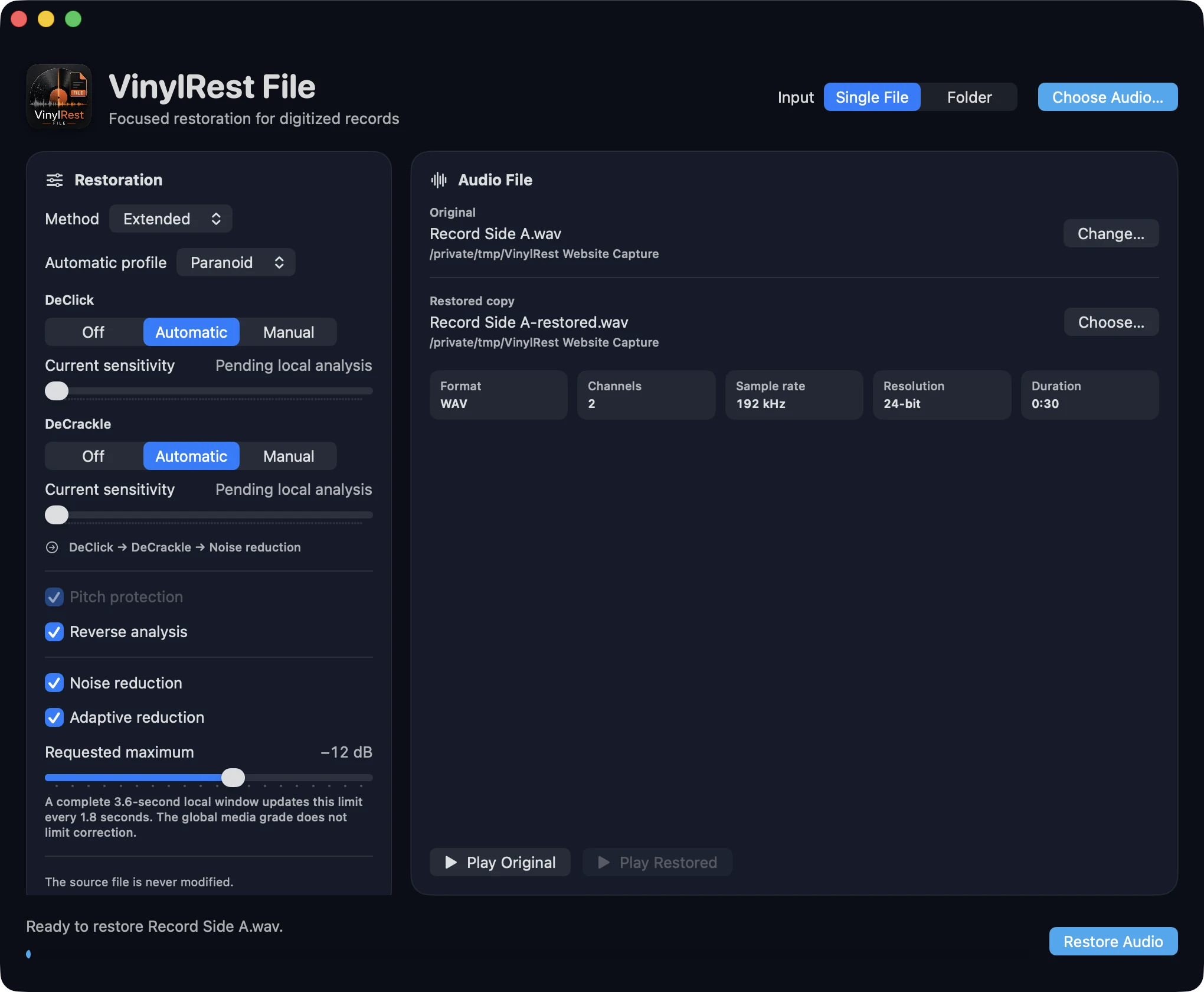 VinylRest File with a 192 kHz record side ready for automatic DeClick, DeCrackle and adaptive noise reduction
