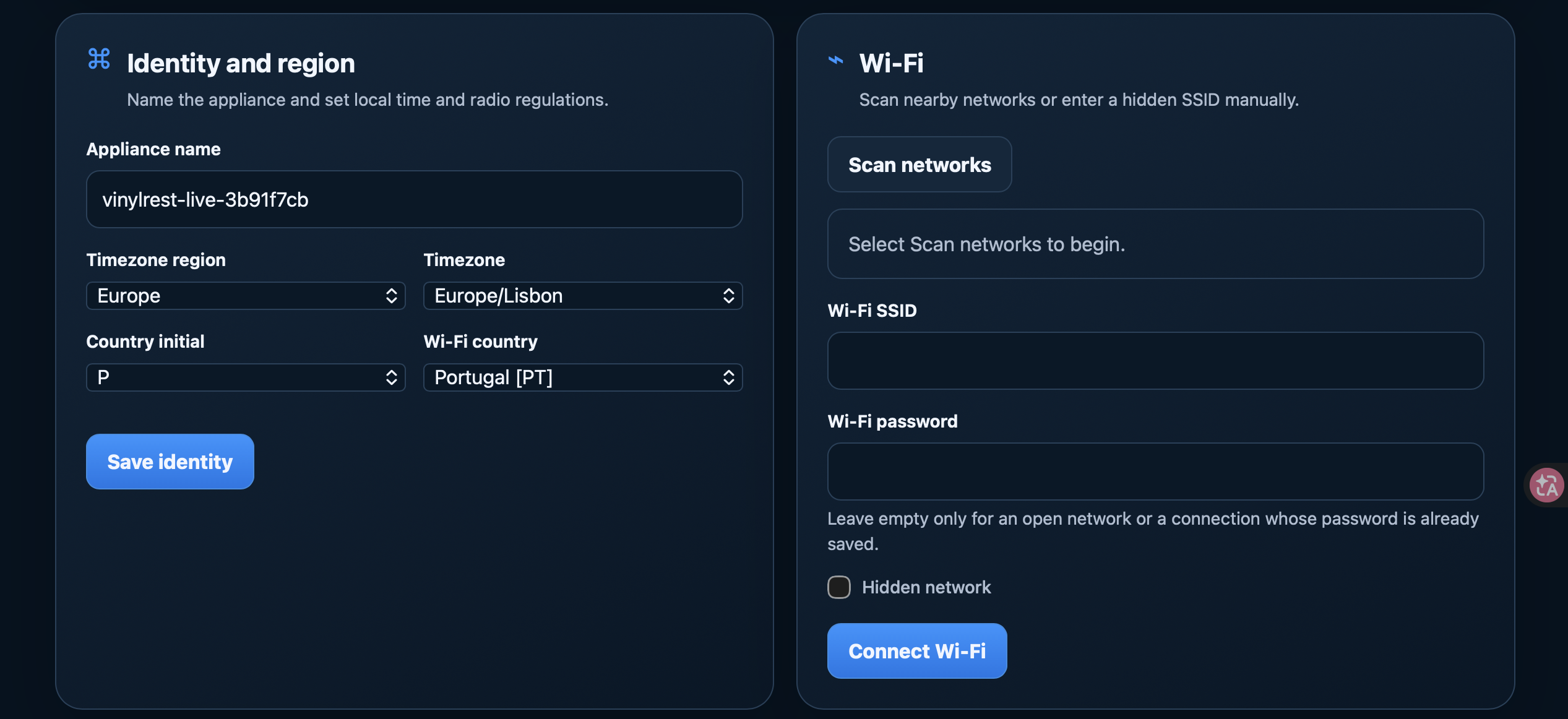 Set the appliance name, timezone and Wi-Fi country, then scan or enter a network.