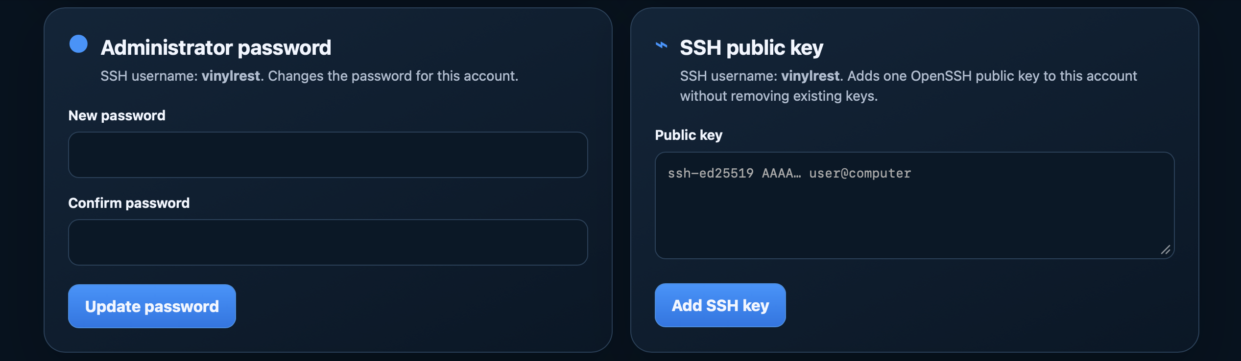 Optional administrator setup: set the vinylrest account password or add an OpenSSH public key.