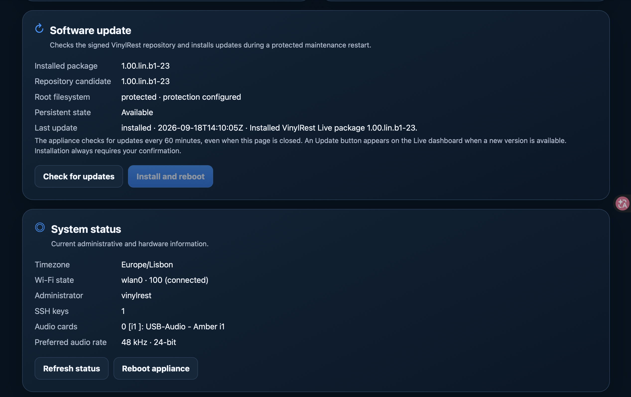 Software update and System status show installed and available packages, protected storage and the update controls.