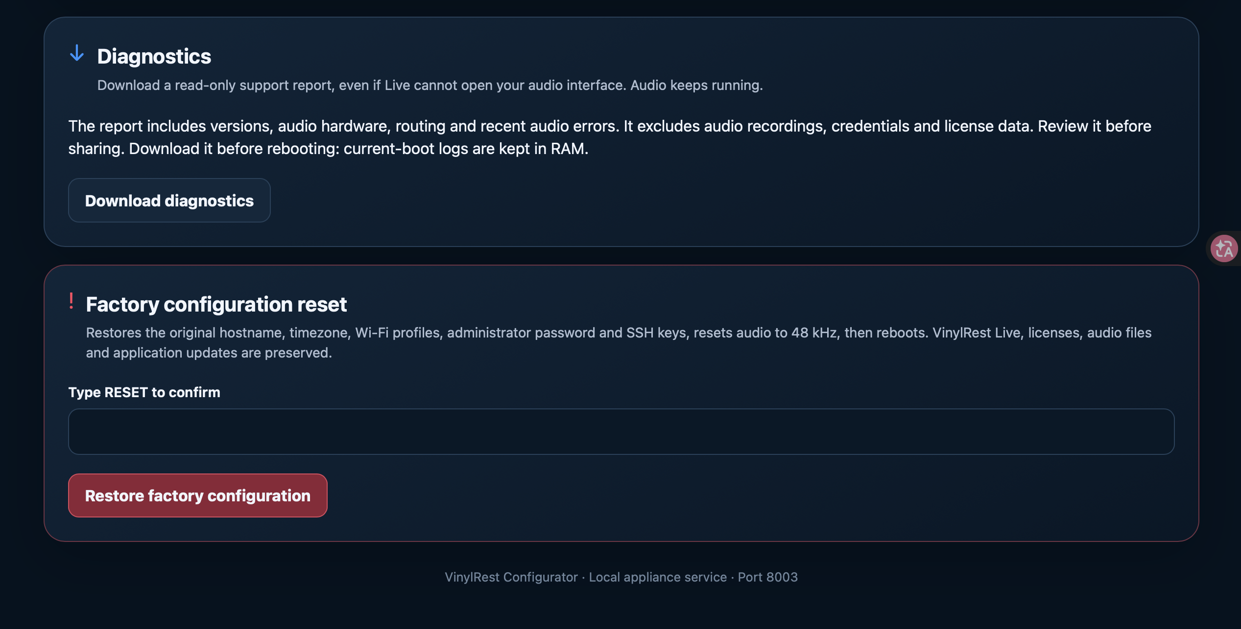 Download diagnostics collects a support report; factory configuration reset requires the explicit word RESET.