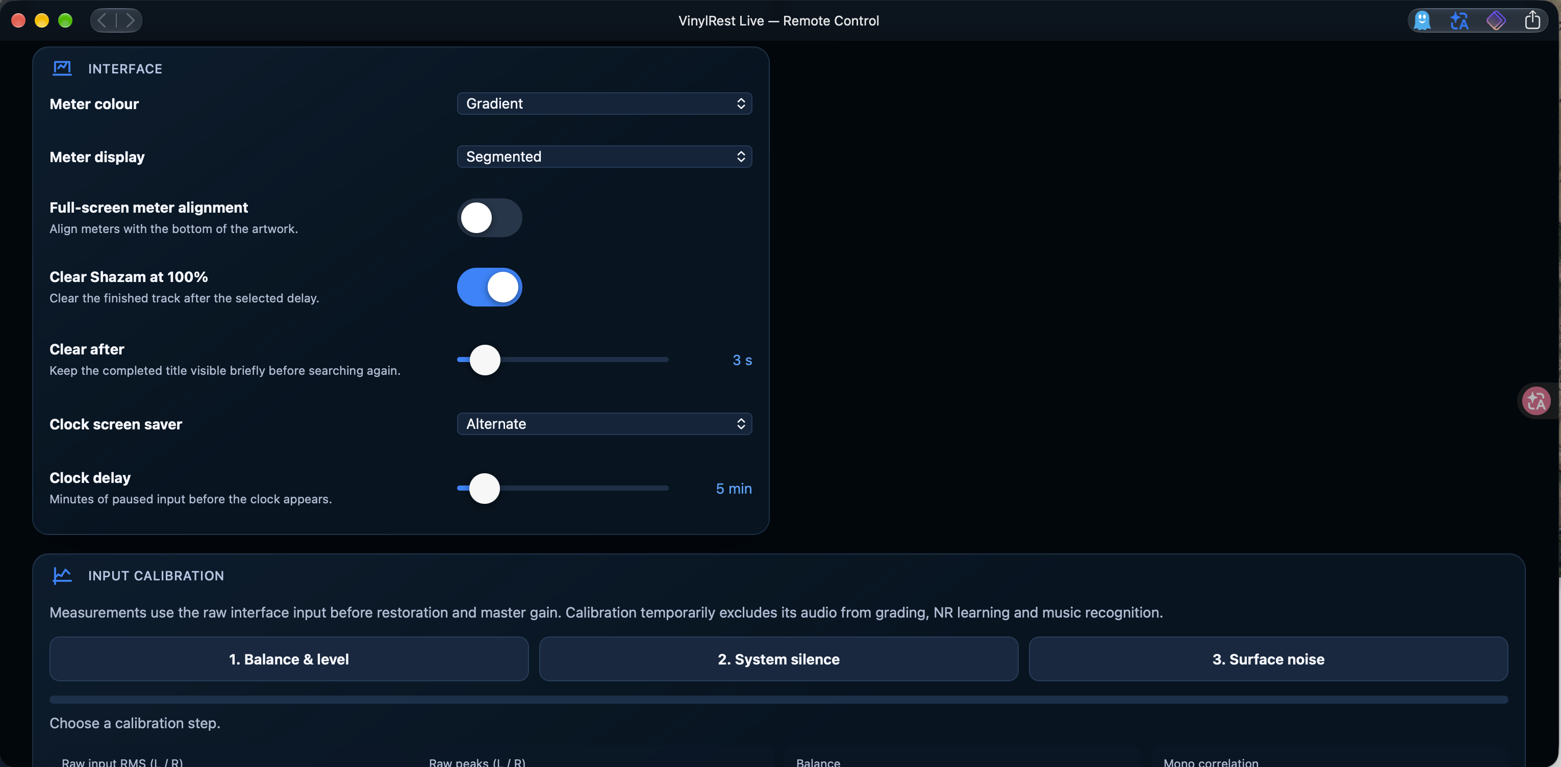 Interface settings for meter colour, segmented display, full-screen alignment, track clearing and the idle clock.