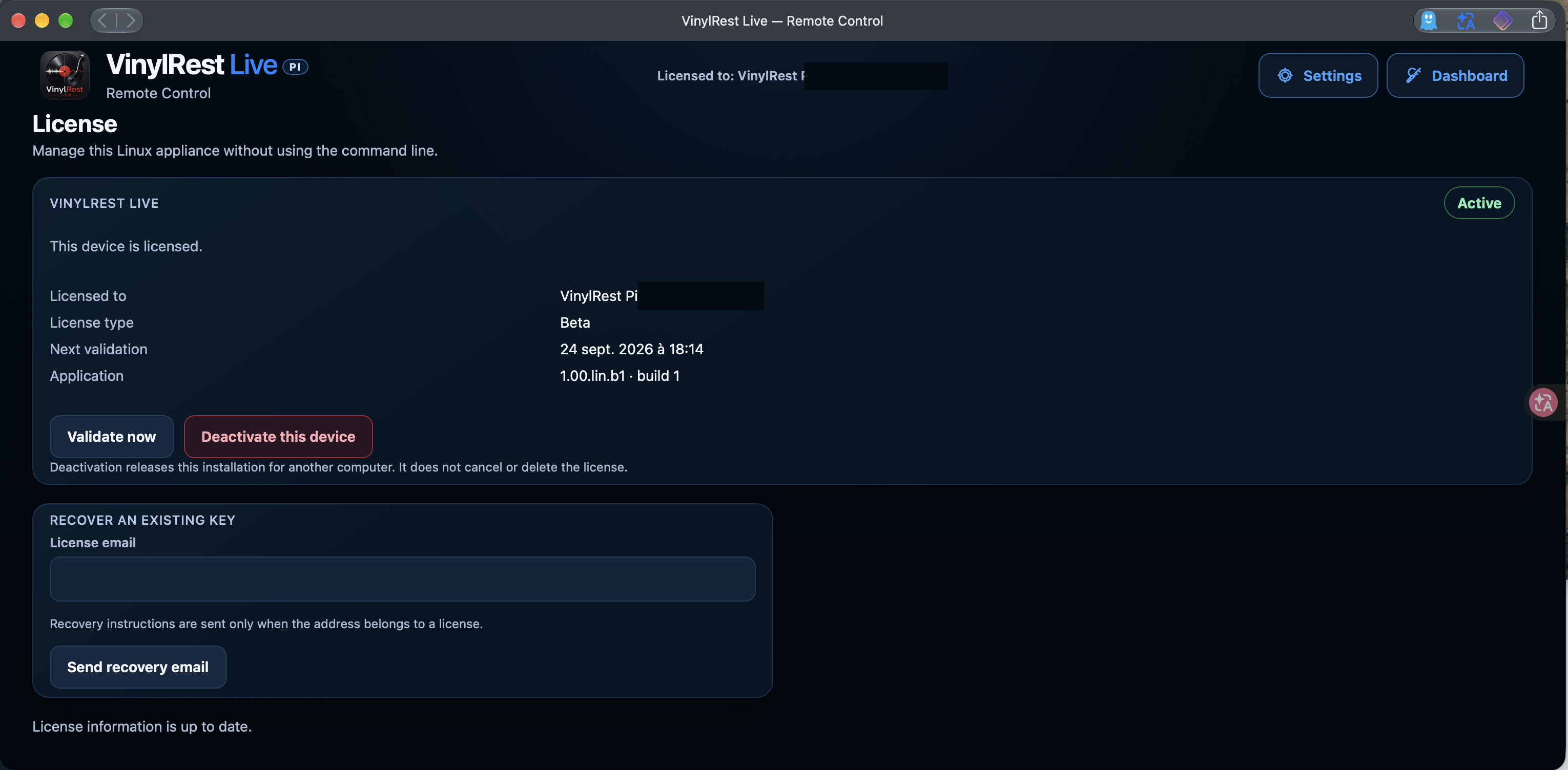 The License page shows Active status, license type, the next validation date and device-management actions.