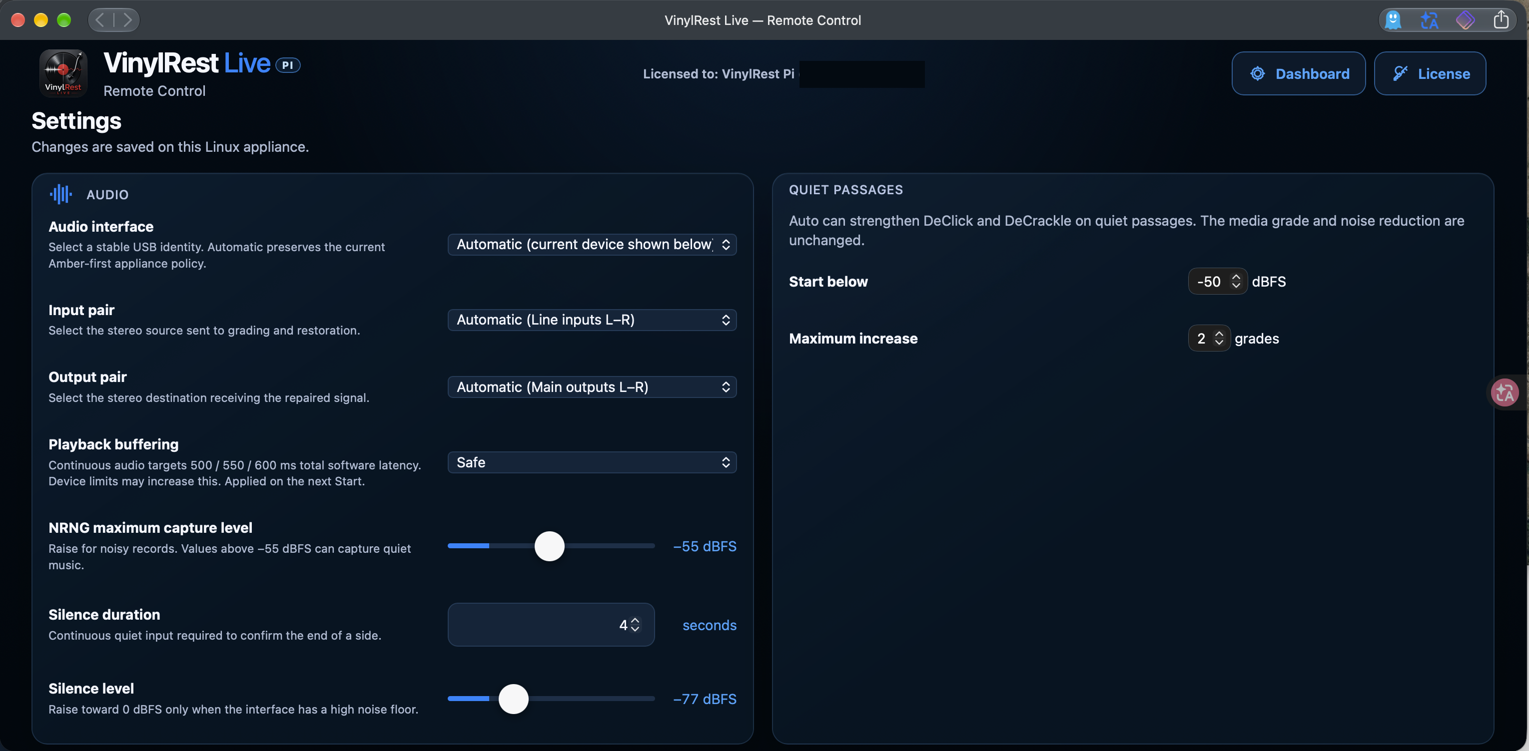 Live Settings selects the USB interface, stereo input/output pairs, buffering and side-detection thresholds.
