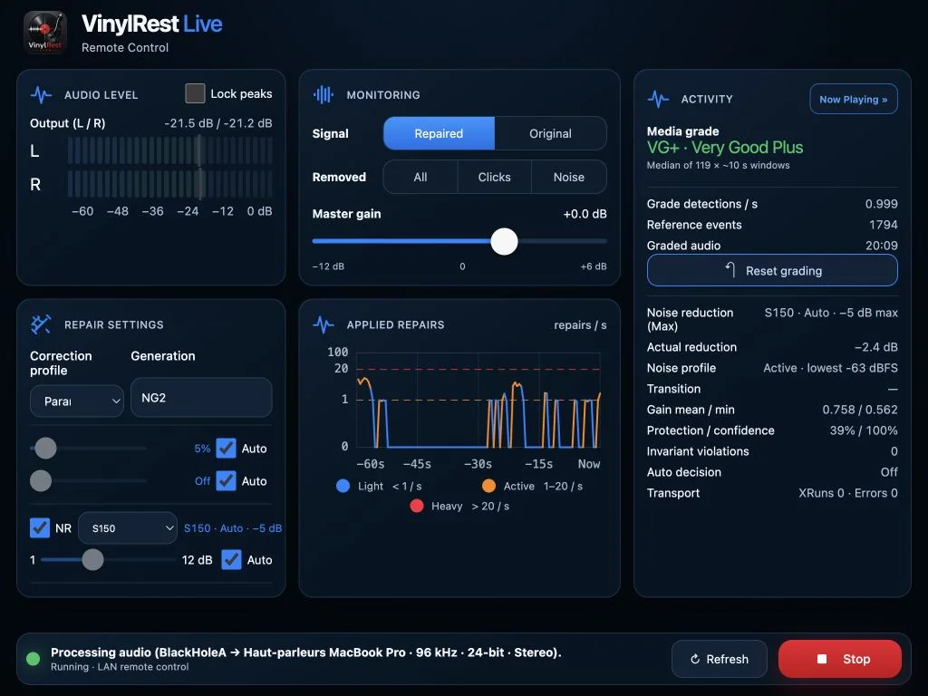 VinylRest Live 1.20b1 WebApp dashboard on iPad with live BlackHole meters, NG2 DeClick and DeCrackle controls, NRNG S150 and Activity diagnostics