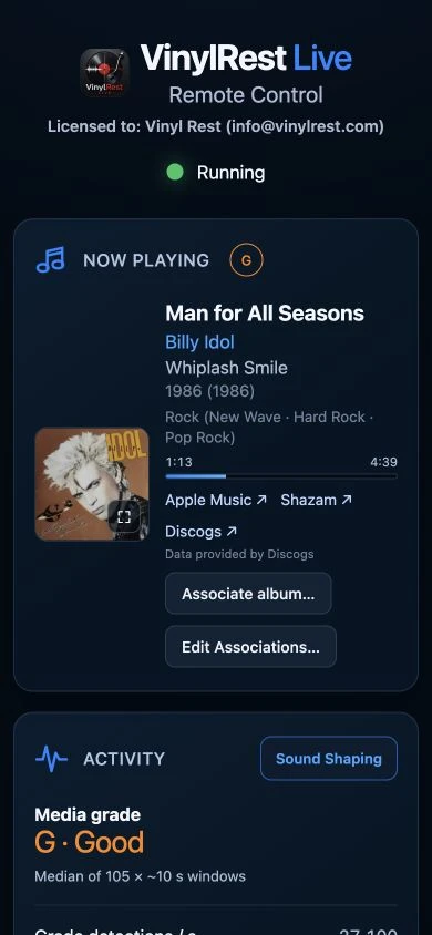 Current phone-size WebApp showing Billy Idol artwork and recognized track details