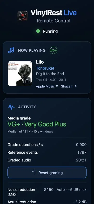 Phone WebApp showing recognized track artwork, metadata, media grade and live activity
