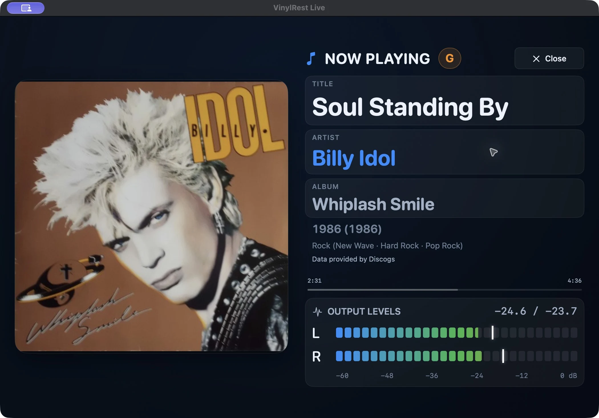 Current VinylRest Live immersive Now Playing view with Billy Idol album artwork, track information and live stereo meters