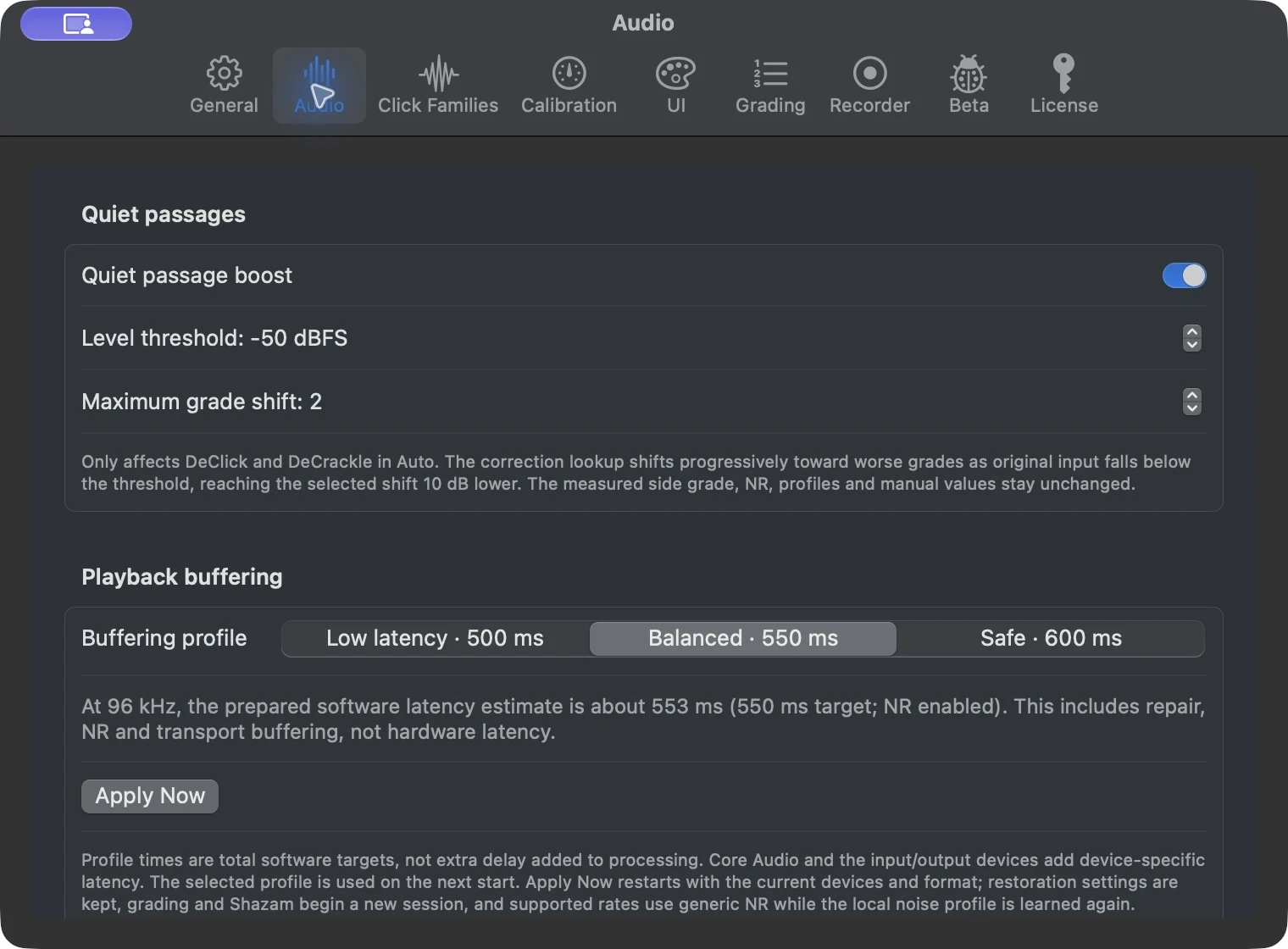 Current Audio settings with quiet-passage boost and 500 550 and 600 millisecond buffering targets