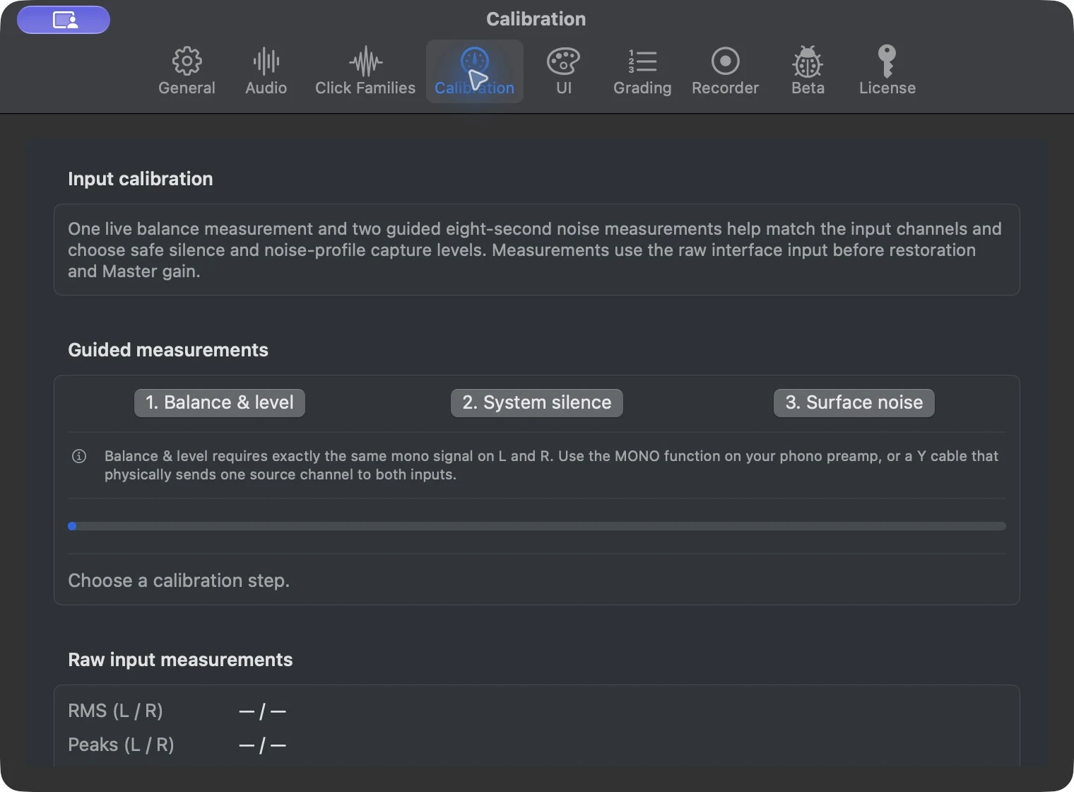 Calibration instructions and controls for balance and level, eight seconds of system silence and eight seconds of surface noise