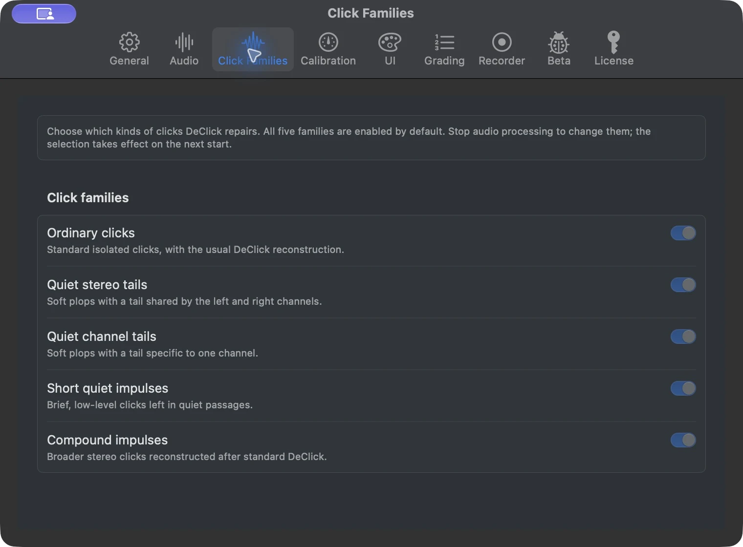 Click Families settings with all five detection families selected and unavailable during running audio