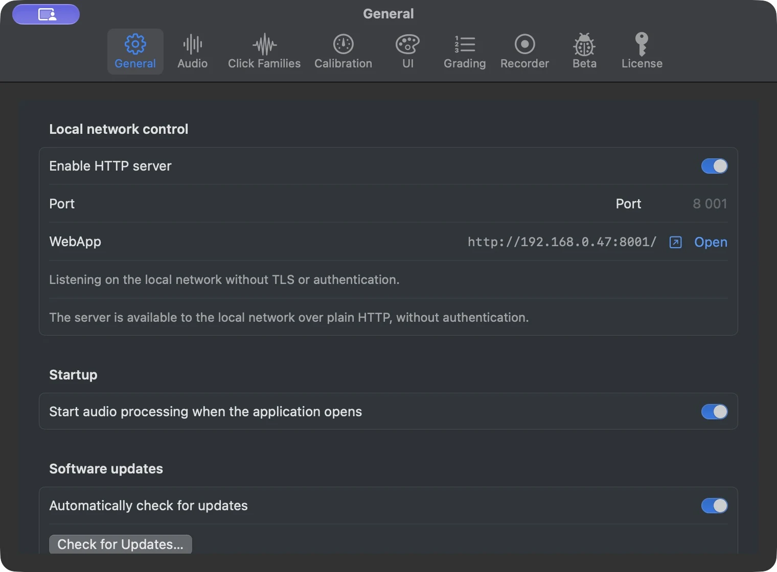 Current General settings showing the LAN WebApp address, startup and signed update controls