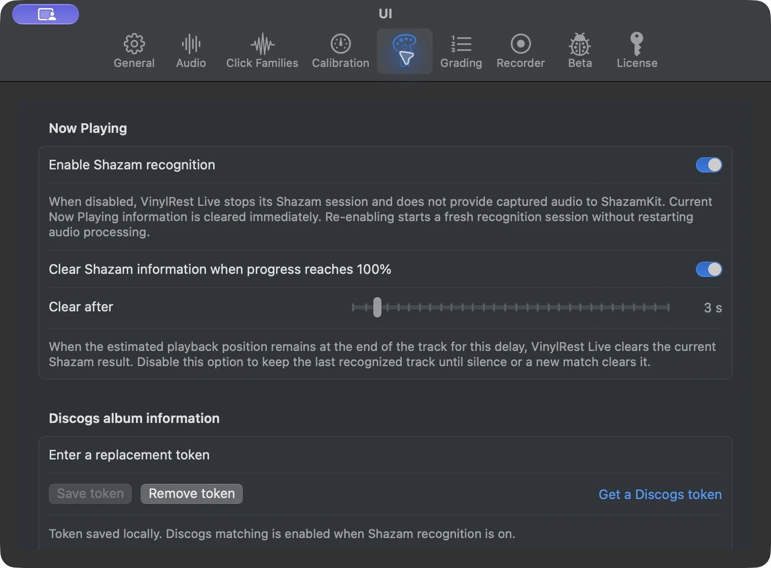 UI settings for optional Shazam recognition and Discogs token with no token exposed