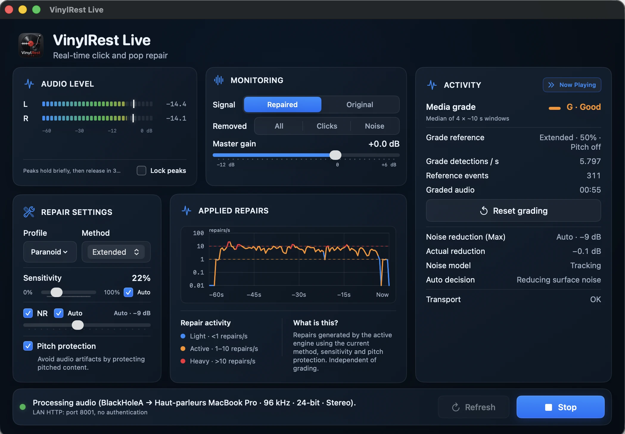 VinylRest Live running on Mac with restoration controls and activity monitoring