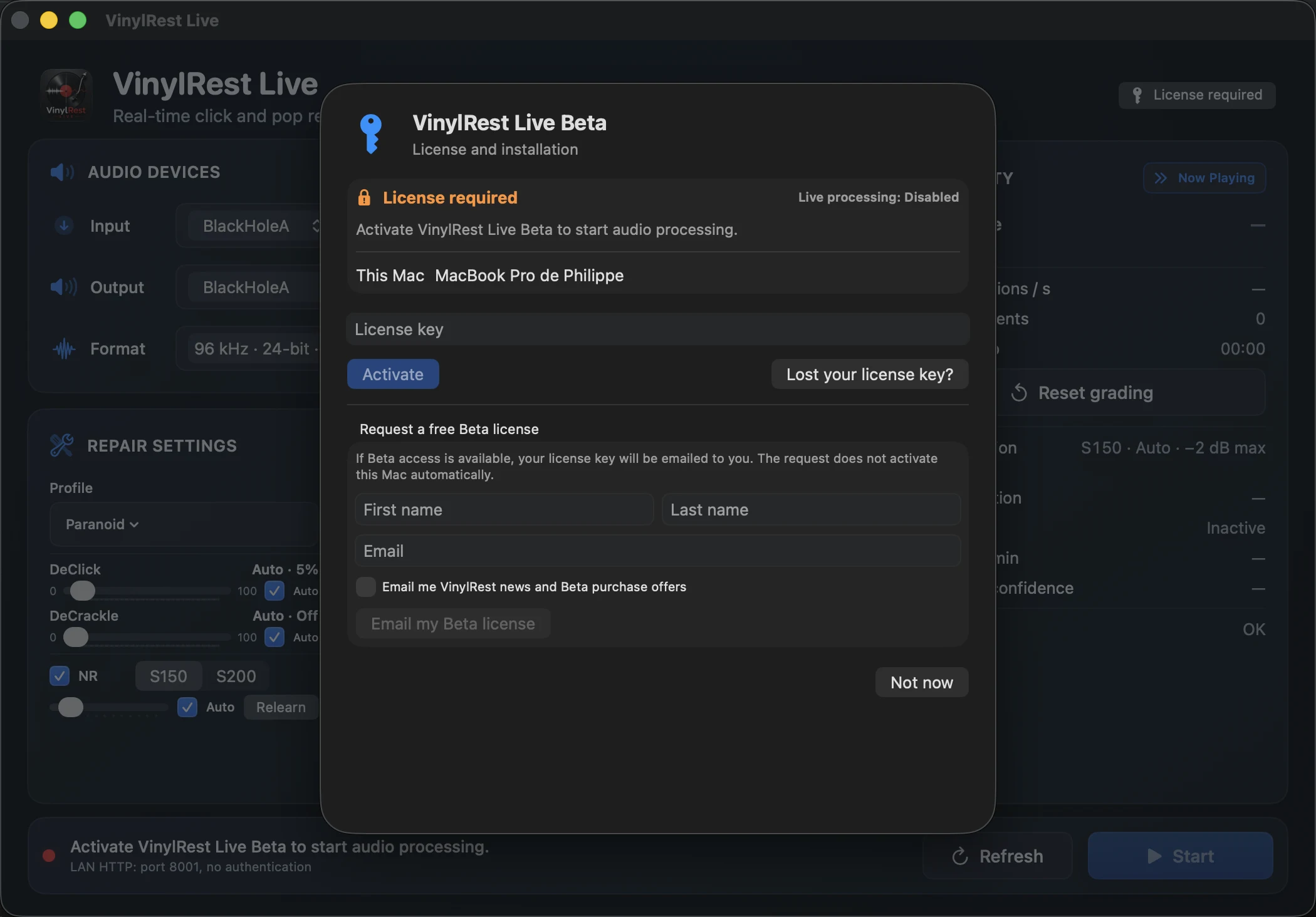 VinylRest Live Beta native license screen with activation, license-key recovery and free Beta-license request controls