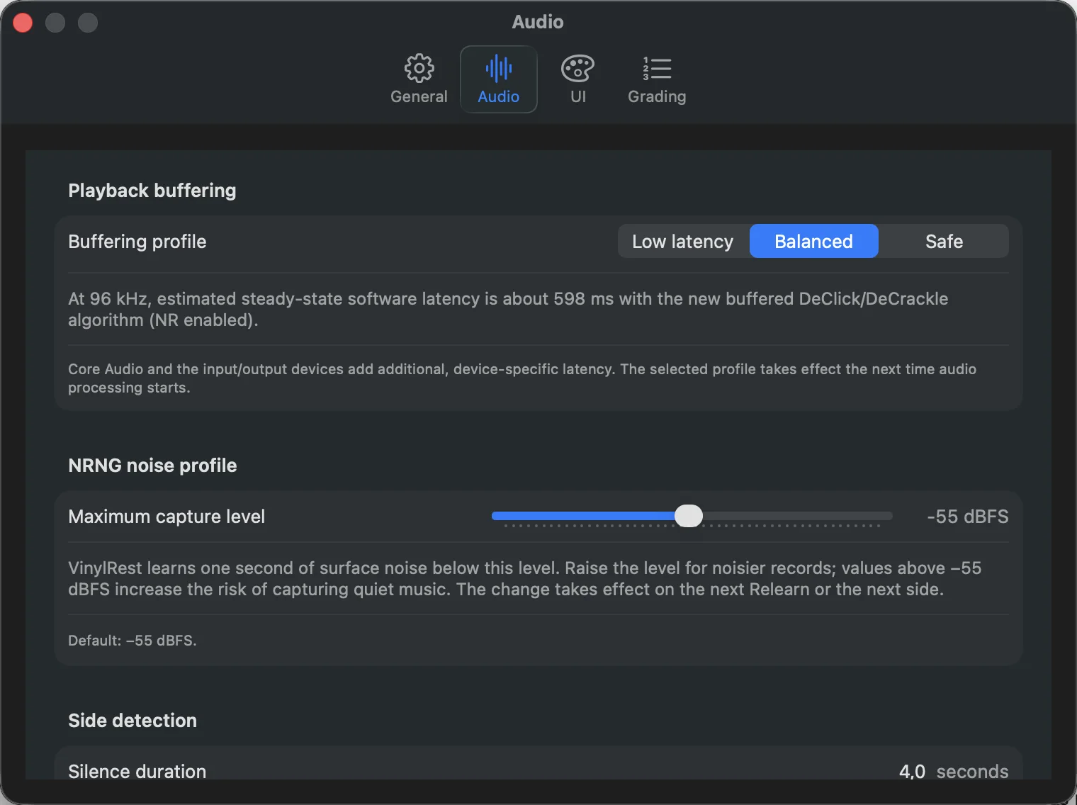 VinylRest Live Audio settings showing Balanced buffering, an NG2 latency estimate at 96 kHz and the NRNG profile-acquisition maximum at minus 55 dBFS