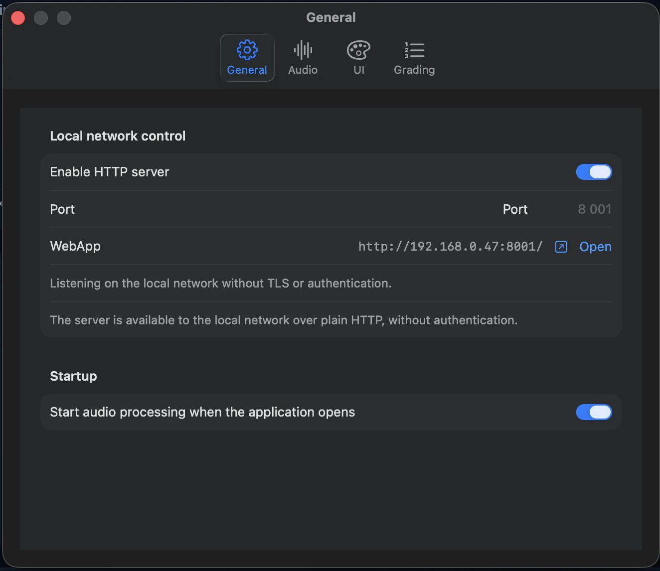 General settings with the HTTP server, local WebApp address and startup option