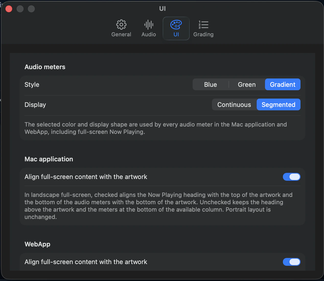 UI settings for meter color, continuous or segmented display and immersive alignment